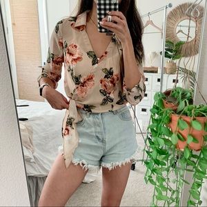 Pink Floral Crossover Wrap Top Cropped Blouse Top F21 Small